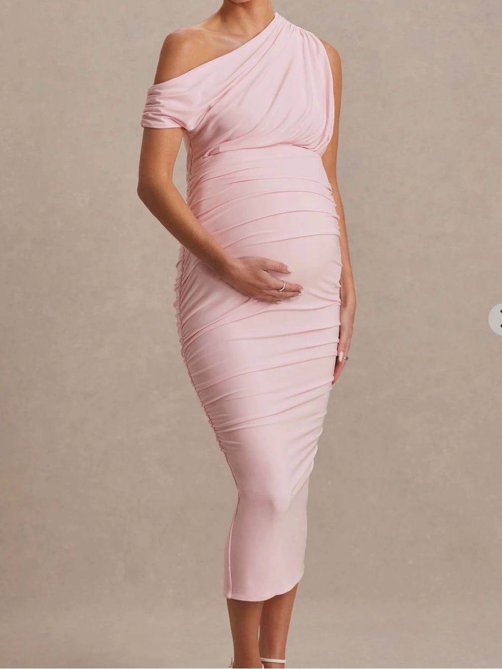 Club L London Blush Pink Asymmetric-Neck Maternity Midi Dress